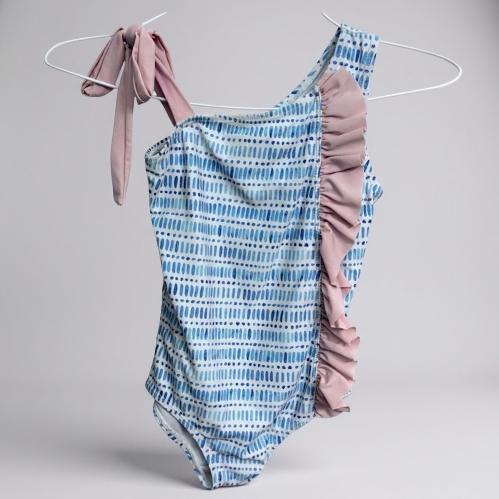 Blue and Pink Asymmetrical One‎ Piece Swimsuit with Ruffle